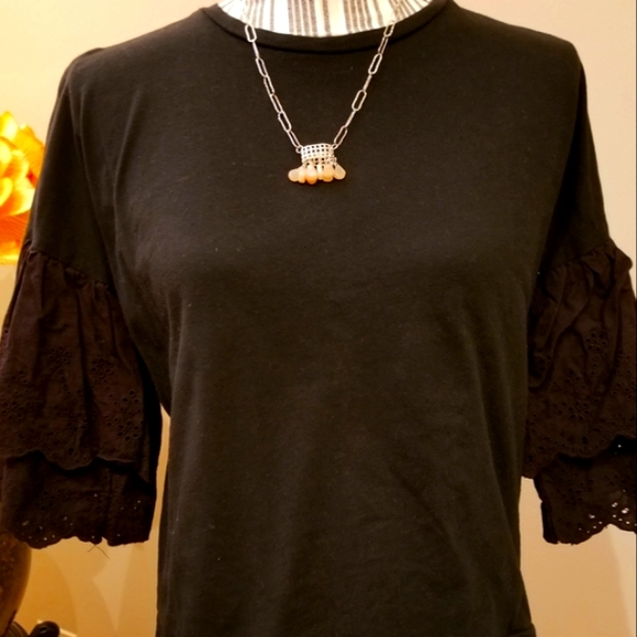 Mustard Seed Black 100% Cotton Eyelet Puffy Layered Sleeve Crop Top - Picture 2 of 10